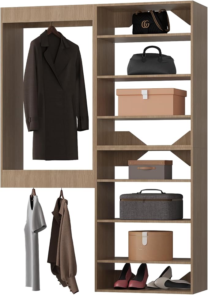Modular Closet System, 49" Wide Organizer With Towers and Hanging, Wood Storage for Walk In Closets, Wall Mounted Wardrobe Kit, Bedroom