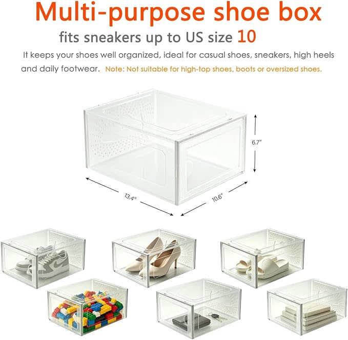 6-Pack Thickened Shoe Storage Boxes | Stackable Clear Shoe Organizer for Closet, Entryway. Easy Assembly Shoe Rack for Sneakers, Fits Up to US Men’s Size 10, Heavy Duty PP, M (13.4" x10.6"x 6.7") (6)