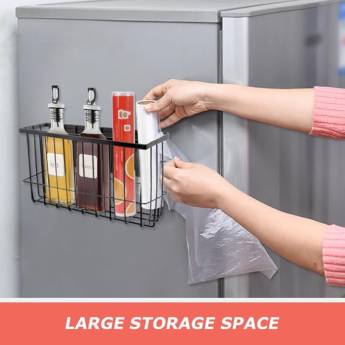 Magnetic Basket Organizers, Dryer Ball Holder Laundry Room Organization Whiteboard Metal Wire Basket with Hooks, Space-Saving Fridge Spice Rack for Sponge Recipe Wrap