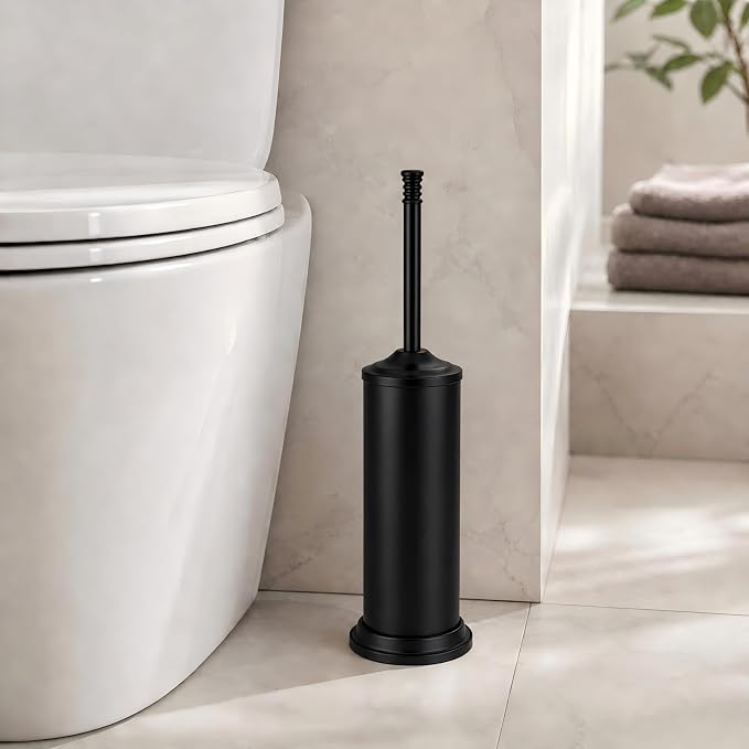Black Toilet Brush and Holder Set，Extra Long Handled Toilet Bowl Brush and Holder，Stainless Steel Heavy Duty Toilet Brush for Bathroom,Deep Cleaning Modern Toilet Cleaner Slip Base