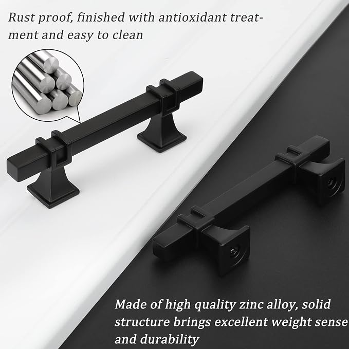 5 Pack 3 Inch Black Square Matte Black Cabinet Pulls, Modern Kitchen Cabinet Hardware