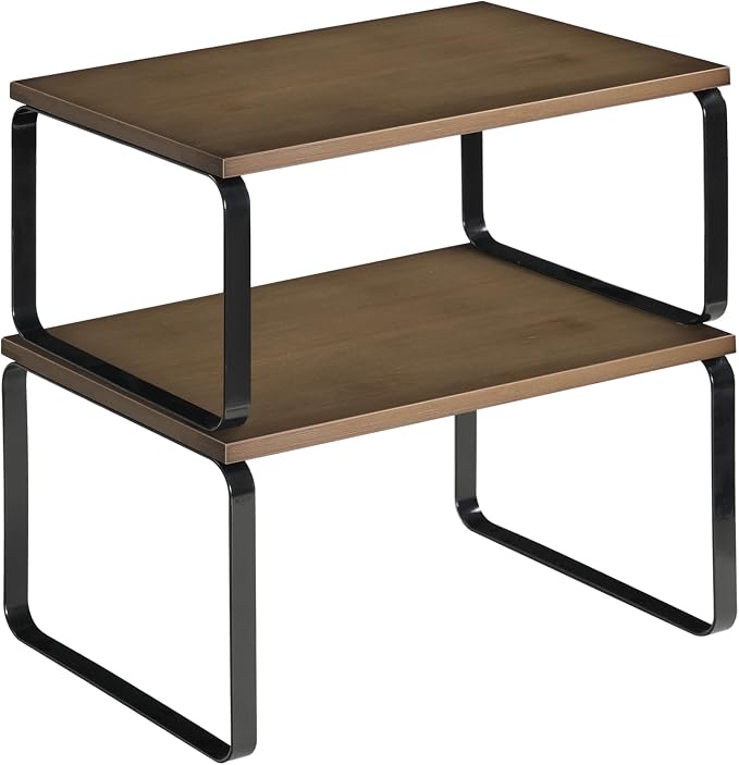 HOOBRO Cabinet Organizer Shelf, Set of 2 Kitchen Counter Shelves, Expandable Kitchen Storage, Stackable Bamboo Spice Rack, for Kitchen, Countertop, Office Desk, Bathroom, Mocha and Black CB30TL01