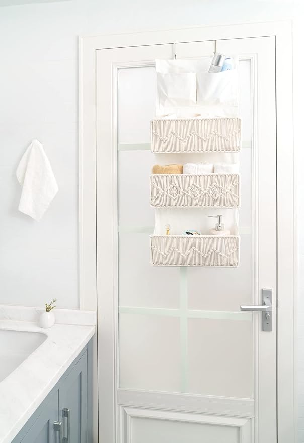 Mkono Macrame Over The Door Organizer Boho Decor Hanging Nursery Storage with 3 Large Woven Pockets, Back of Door Organizer for Bedroom Bathroom Closet Pantry Dorm, Ivory, Gifts for Mother, Girls