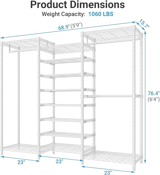 VIPEK S3 Freestanding Clothes Rack Heavy Duty Garment Rack 8-Tier Shoe Racks Closet Storage Organizer Large Wardrobe, Hanging Rod, Adjustable Metal Shelf, 68.9" L x 15.7" W x 76.4" H, White