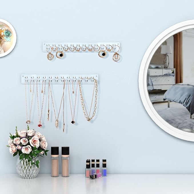 AITEE Acrylic Necklace Holder Organizer Wall Mounted with 12 Hooks, 2 PACK | 11.3x1.38, prevents tangles, hangs necklace, jewelry, bangles, bracelets, rings, for home, best gifts for girls and women