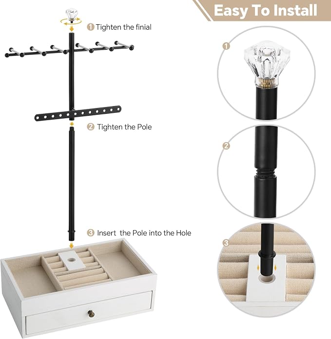 Meangood Jewelry Organizer Stand, 3-Tier Necklace Holder Jewelry Tree with Wooden Storage Drawer Box for Necklace Bracelet Earring Ring,White