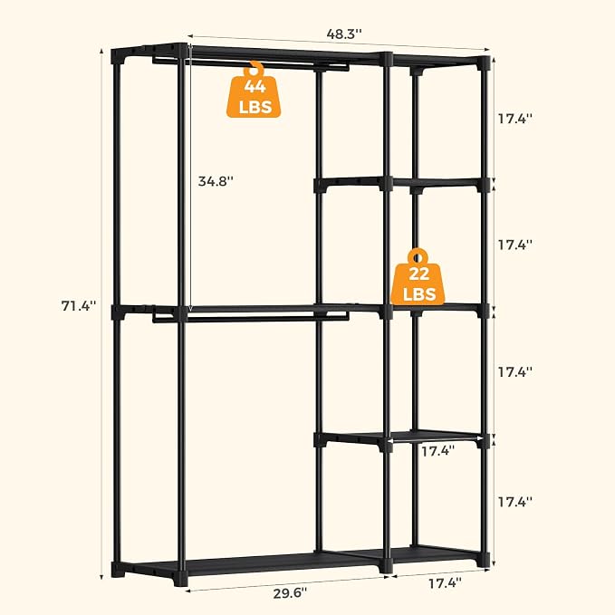 OLIXIS Heavy Duty Clothes Rack, Portable Wardrobe Closet, 49" L, Black | Freestanding Closet Organizer with Hanging Rods, Clothes Rack with Shelves, for Cloakroom, Bedroom