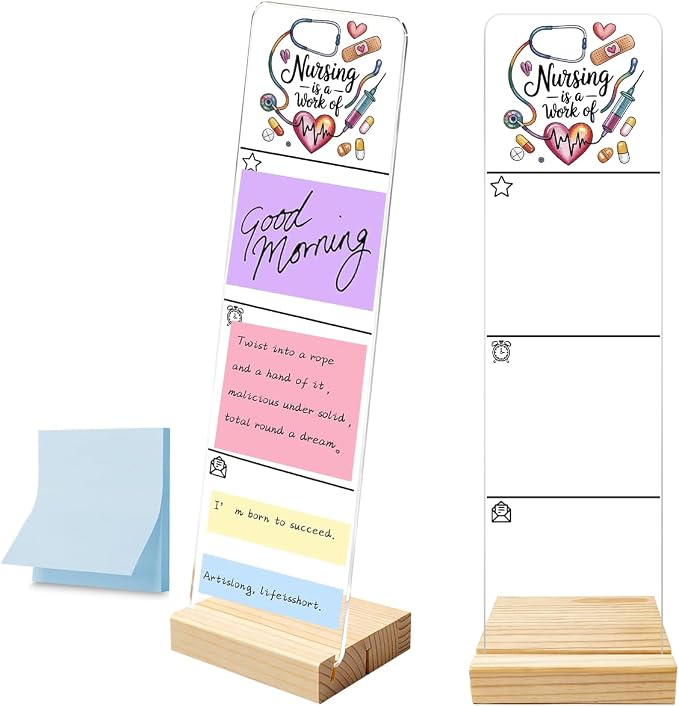 Sticky Note Holder, Monitor Memo Board, Acrylic Post It Note Holder with Wooden Base, Includes 100 Notes, Nurse Appreciation Desk Organizer， Nursing Quote “Nursing is a Work of Heart”