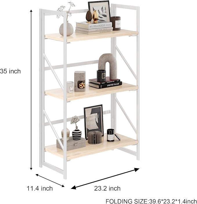 JSB 3 Tier No Assembly Folding Bookshelf, Industrial Metal Book Shelf for Storage, Vintage Wood Foldable Bookcase for Living Room, Bedroom, Office Organization Shelves