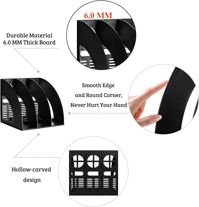 Marte Vanci 2 Pcs Magazine File Holder Book Desktop Organizer Plastic Storage Sturdy Vertical 3 Section Folder (Black)