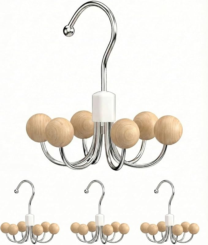 4 Pack Hoodie Hangers 360° Swivel Hooks with Wood Balls, Natural Wood | Hanging Closet Hat Purse Tanktop Handbag Necklace Organizer Bra Hanger and Storage Save Space