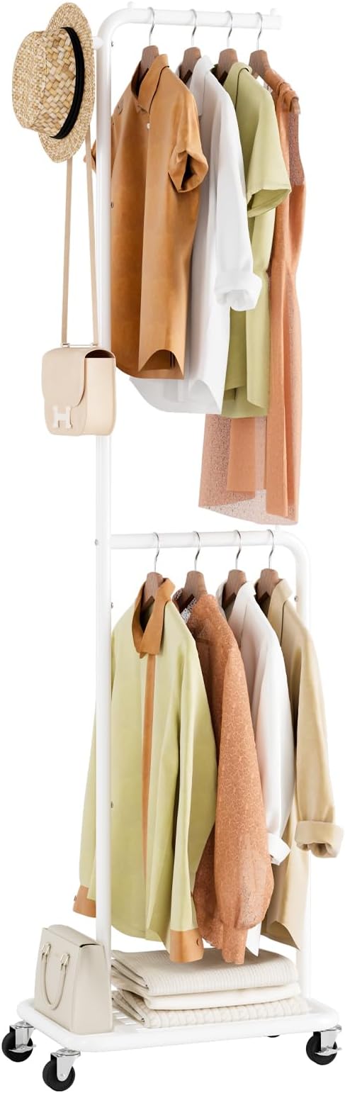 Small Rolling Clothing Rack with Shelf, Narrow Clothes Rack with Wheels | Gasvadivum 71" Tall Sturdy Metal Garment Rack with Hanging Rod, Freestanding Portable Coat Rack for Bedroom, Entryway, White