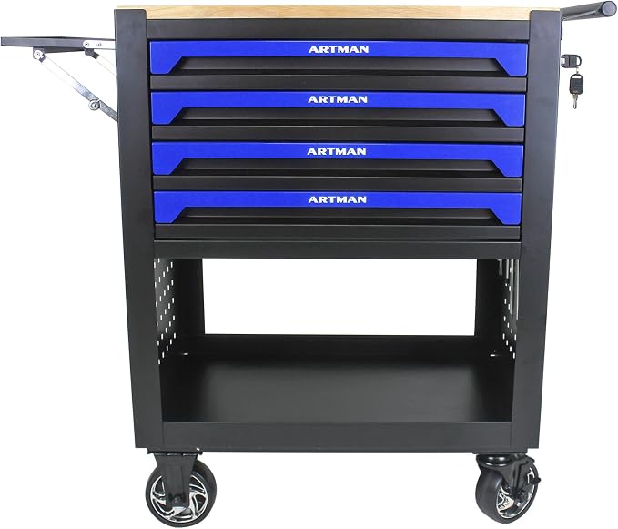 36" Tool Box with Wheels 4 Drawers Rolling Tool Cart, Wooden Top Workbench, 660lbs Total load Tool Cabinet with Locked Drawers Storage Organizer Cabinet for Garage, Warehouse, Repair Shop - Blue