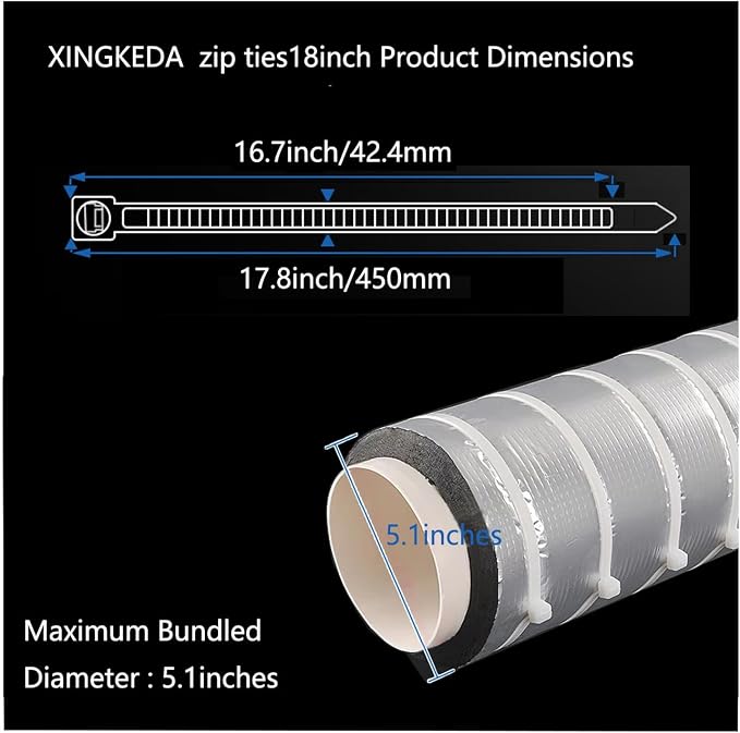 18 Inch White Zip Ties, 60lb Tensile Strength, Weather Resistant Self-Locking Cable Ties for Indoor Outdoor Use, 100 Pack, XINGKEDA