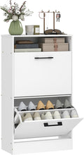 HOMCOM Shoe Cabinet with 2 Flip Drawers, Open Shelf, up to 12 Pairs, White | Narrow Storage Cabinet, Adjustable Dividers, Entryway Shoe Storage Unit, for Hallway