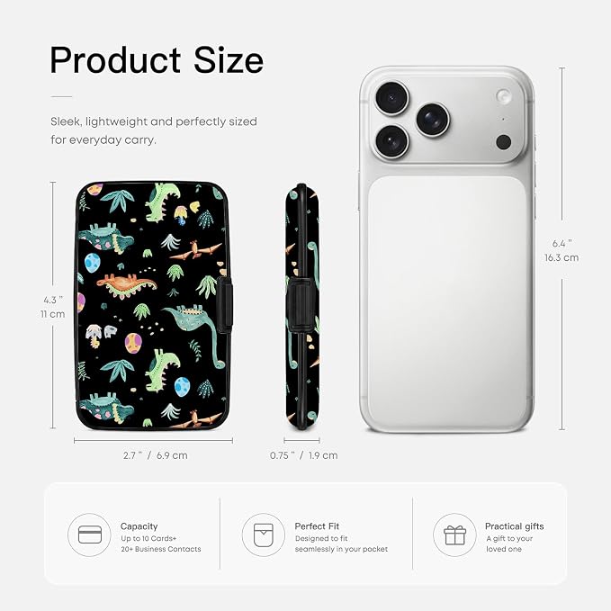 Credit Card Holder RFID Aluminum card case Dinosaurs mini Wallet Women Men | ABS Business ID Case,Hard Case Large Capacity 6 Slots, Waterproof Durable ，Secure Closure Slim Small Credit Card Protector