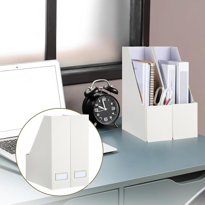 Gueevin Set of 6 Magazine File Holders, Sturdy Cardboard Desk Magazine Organizer with Gold Label Slots, Foldable File Folder Rack for Home Office Classroom Library(Beige)