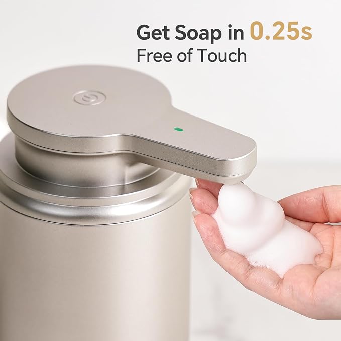 LAOPAO Automatic Soap Dispenser, Rechargeable Touchless Foaming Hand Soap Dispenser for Bathroom, Soap Pump for Kitchen, Water-Resistant, Xmas Gift 10oz, Light Silver, Plastic