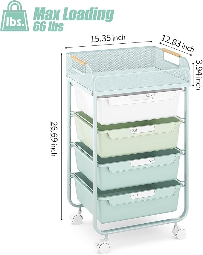 SYKIARIOL 4-Drawer Rolling Storage Cart with Mesh Top, Utility Craft Organizer Cart on Wheels with DIY Labels, Rolling Drawer Cart for Home Office Classroom Bedroom, Green