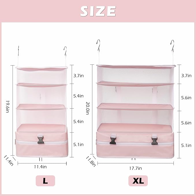 Surblue Hanging Closet Storage Bag Collapsible 3-Shelf Washable Oxford Fabric with 2 Hooks (L 11.41 * 11.41 * 19.68in, Pink)