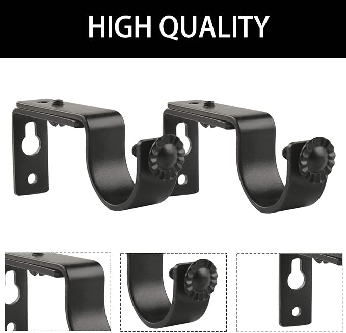 Eau 10 Pieces of Adjustable Black Curtain Rod Brackets, Heavy Duty Single Curtain Rod Holders for Maximum 1 Inch Rod, Wall-Mounted