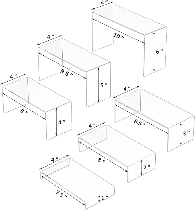 Sezanrpt Acrylic Display Risers 6pcs, Clear Rectangular Display Organizer Stands, Acrylic Display for Funko Pop Figure, Desserts, Cupcake, Toys, Collectibles, Merchandises - 7.5''x8''x8.5''x9''x9.5''x10''