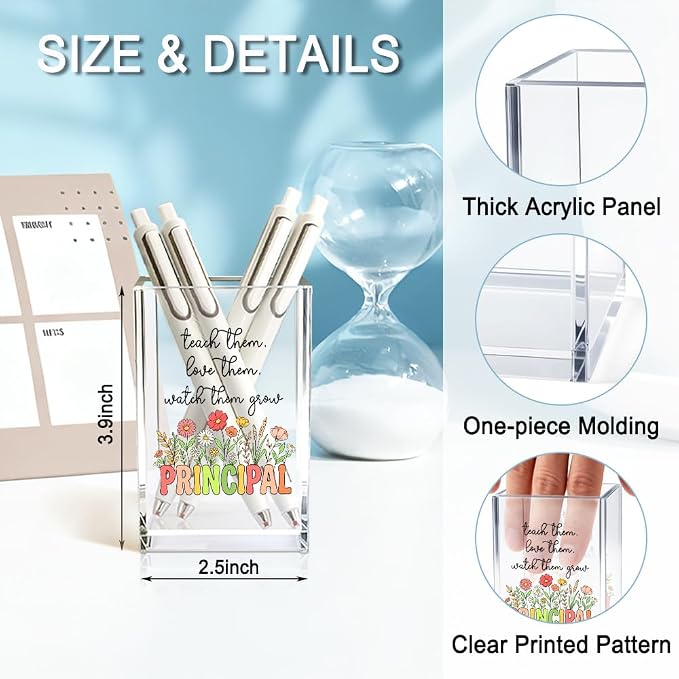Teach Them Love Them Watch Them Acrylic Cosmetic Pencil Holder Cup, Floral Books Pen Holder for Home Office Desk Accessories for Principal, Pen Organizer, Marker Holder, Funny Principal Gifts