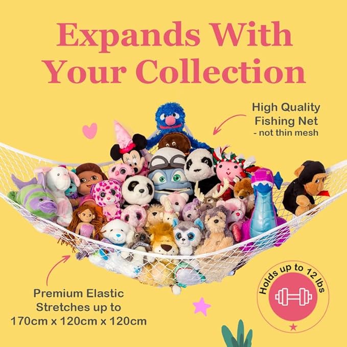 Lilly's Love Stuffed Animal Hammock | Corner Hanging Organizer, Toy Storage, Stuffed Animal Storage Net | Made from Quality Fishing Net, Holds 12lbs | 67"x47"x47" (Black, 2 Pack)