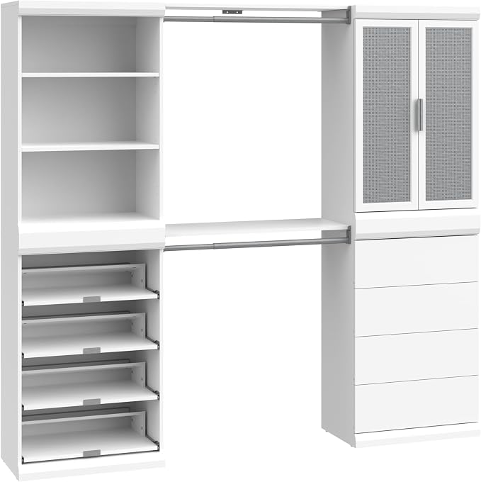 ClosetMaid Mosaics Storage Organizer Kit Includes; (1) Shelf & Door Unit, (1) 3-Shelf Unit, (1) Shoe Shelf Unit, (1) 4-Drawer Unit, and (2) Shelf & Rod Units, White