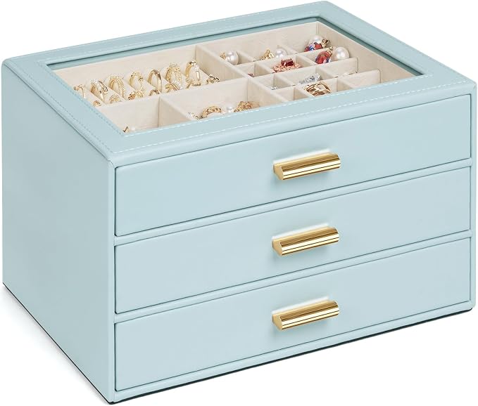 AKOZLIN Jewelry Box with Clear Lid Functional Leather Jewelry Storage Organizer Case 3 Drawers for Women Girls Necklace Ring Bracelet Earring