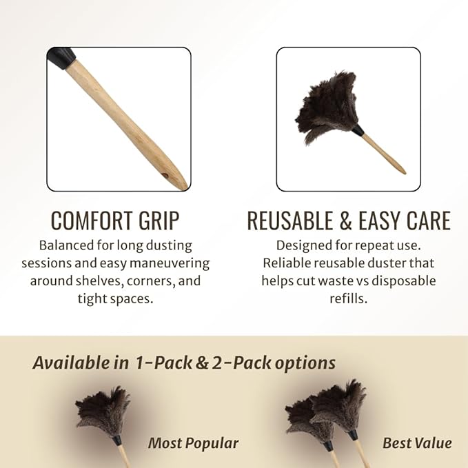 Feather Duster with Ostrich Feathers Wooden Handle 14" – Natural Reusable Duster for Cleaning, Furniture & Shelves, Blinds, Ceiling Fan, Dusting Tool for Home, Office, Delicate Surfaces - 2 Pack