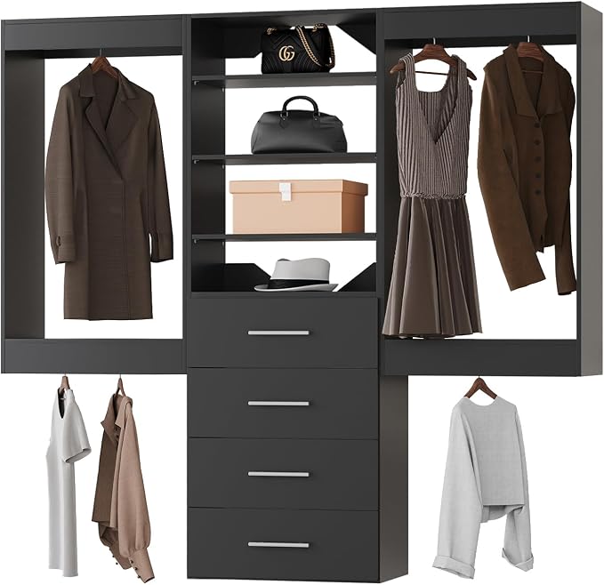 ROOMTEC Modular Closet System, 96" Wall-Mounted Closet Organizer with Drawers and Hanging Rods, Wooden Tower for Walk-In Closets, Wardrobe Storage Kit, Black
