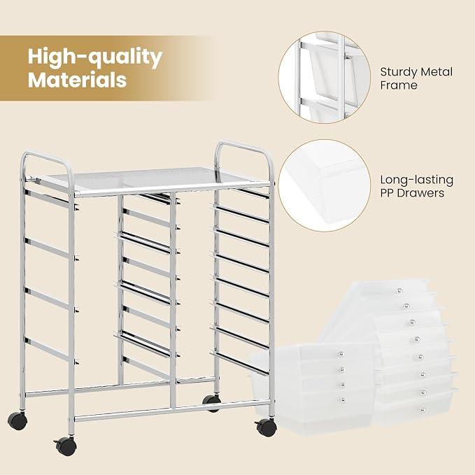 COSTWAY 12 Drawer Rolling Storage Cart, Utility Cart with Metal Frame | Mobile Art Supply Craft Organizer, Multipurpose Storage Organizer for Paper, Office, School Teacher, Classroom, Transparent