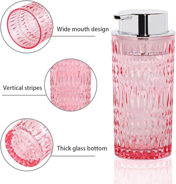Foam Soap Dispenser, Pink Glass Foaming Soap Dispenser with Pump, 14 Oz Bathroom Refillable Liquid Lotion Pump Bottle Container for Kitchen Countertop Decor