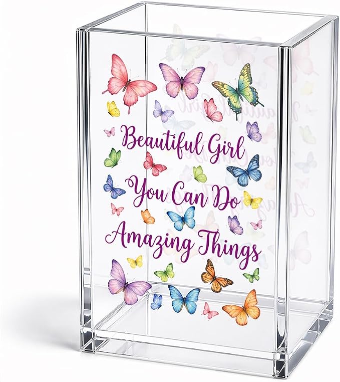 Funny Beautiful Girl You Can Do Acrylic Pencil Holder Cup | Inspirational Amazing Things Makeup Brush, Butterfly Encourage Gifts for Women Sister Daughter, Bathroom Vanity Organizer