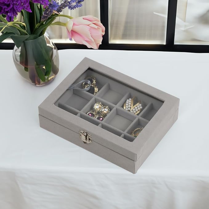 Fordonral Velvet Jewelry Organizer Box, Jewelry Drawer Organizers Trays, Earring Ring Necklace Holder Display Case (Gray, 12 Grid Box)