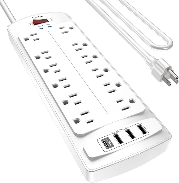 10 Feet Extension Cord Power Strip, Yintar Surge Protector with 12 AC Outlets and 4 USB Ports, 2700 Joules, ETL Listed, White