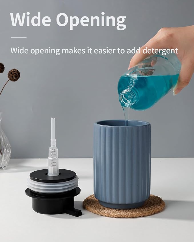 Soap Dispenser, Liquid Ceramic Refillable Hand Soap Pump for Bathroom Kitchen, 10.5OZ Lotion Dispenser Dish Soap Dispenser, Gray Blue, Modern Stripe Design, ANTIS'S HOME