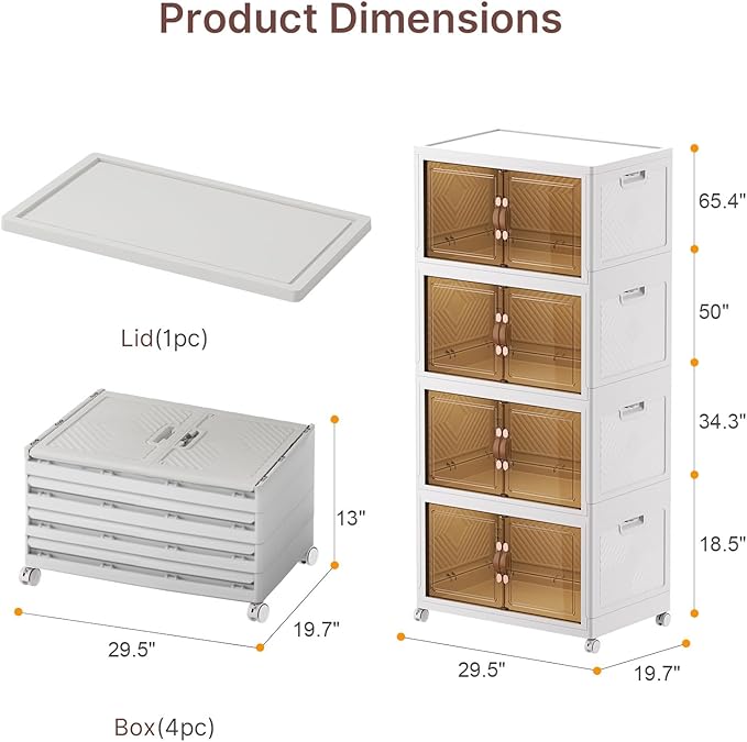 UAMFURI Stackable Storage Bins with Lids, 720QT Closet Organizers, Lockable Storage Cabinet，Foldable Storage Box with Doors and Wheels, Plastic Drawers for Home, Garage, Office (4, White, Extra Large)
