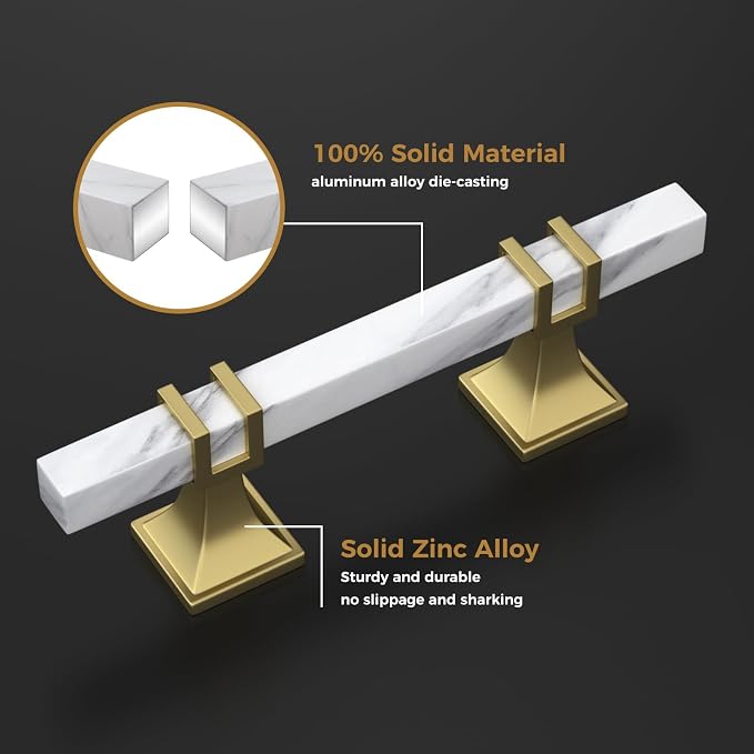 25 Pack 6-1/4 Inch White Marble Cabinet Pulls, Gold Marble Grain and Gold Square Dresser Drawer Pulls for Kitchen Cabinet Hardware