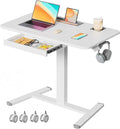 Mobile Standing Desk with Drawer, 35"×20" Small Desk, White | Portable Laptop Workstation with Cup Holder and Hooks, Height Adjustable Rolling Desk with Wheels, Teacher Classroom Use