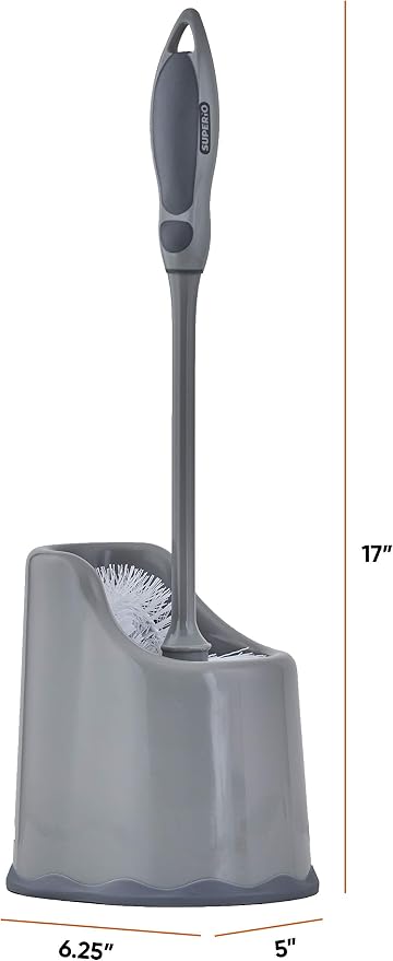 Superio Toilet Bowl Brush and Holder with Under Rim Cleaner for Bathroom, Toilet Brush and Caddy with Non Scratch Bristles and Under Rim Lip Brush, Grey (2 Pack)