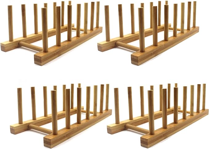 Bamboo Wooden Plate Racks Dish display Holder Kitchen Storage, Pack of 4 | Cabinet Organizer for Dish / Plate / Bowl / Cup / Pot Lid / Cutting Board/ Book (vertical)
