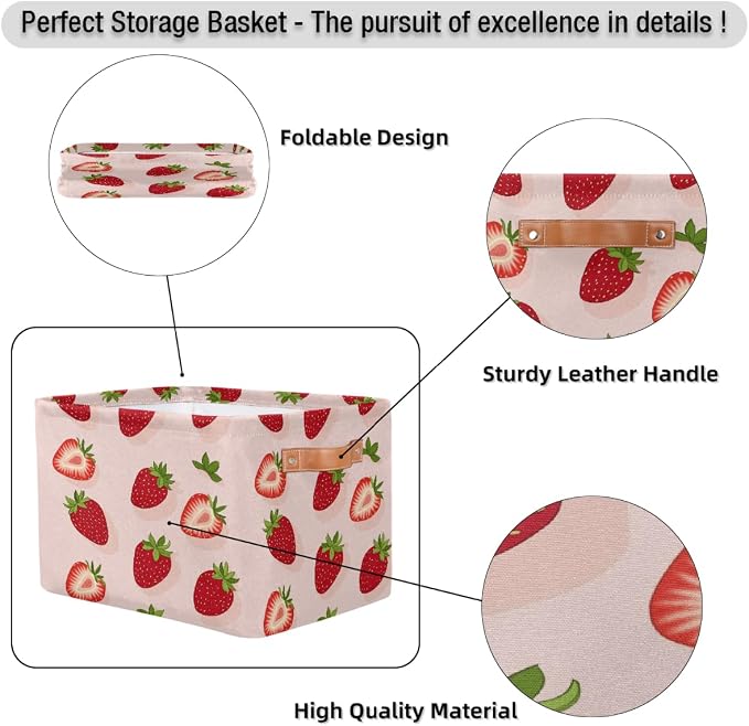 Rectangle Storage Baskets for Shelves, Cute Strawberries Pattern Storage Cube Organizer Bins Collapsible Toy Basket for Nursery Home Room