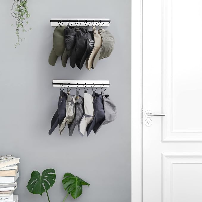 Mkono Hat Rack for Wall Wooden Baseball Caps Organizer with 20 Hooks Rustic Cowboy Hat Hanger Wall Mounted Caps Display Rack for Closet Bedroom Entryway, Set of 2, White