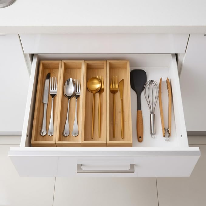 4 Pcs Bamboo Drawer Organizer Stackable Utensil Organizer for Kitchen Bamboo Storage Box Wood Silverware Tray for Drawer, Dresser, Bathroom 12" x 3" x 2"