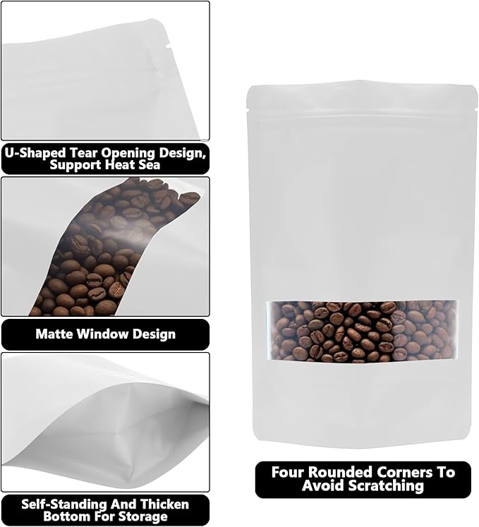 50PCS Foil Pouch Mylar Bags with Clear Window,ULIFESTAR Stand Up Sealable Bags with Tear Notches,Resealable for Food,Party Favors,Gift Packaging and Small Business(18 * 26cm/7.09 * 10.24",White)