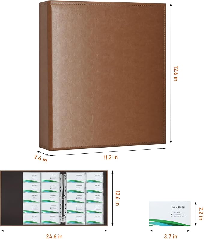 BYSTER A4 Business Card Holder Organizer, PU Leather Card Binder with 30 Pack Sleeves (600 Pockets), Card Holder Book for Credit Cards, Membership Cards, and More - Brown