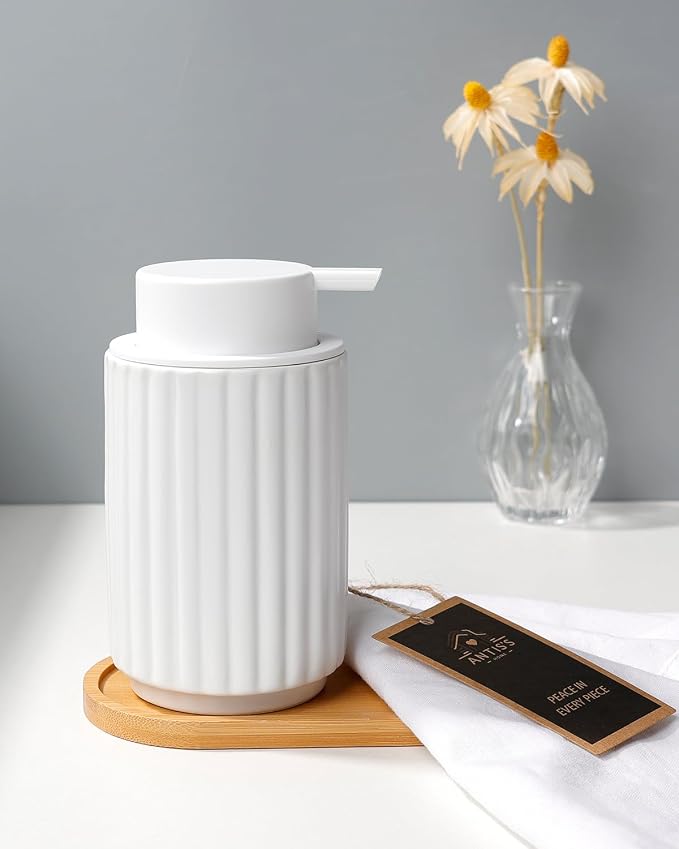 Soap Dispenser, Liquid White Ceramic Refillable Hand Soap Pump for Bathroom Kitchen, 10.5OZ Lotion Dispenser Dish Soap Dispenser, Modern Stripe Design, ANTIS'S HOME
