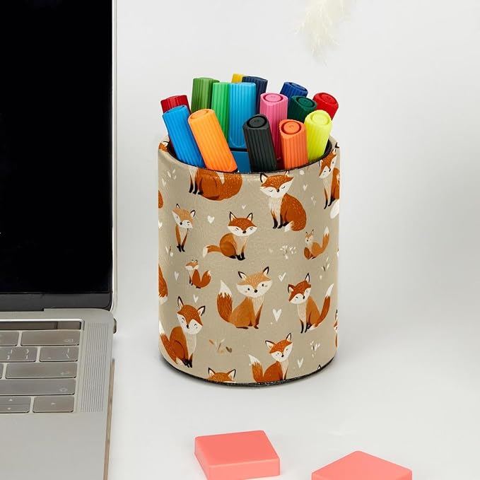 Faux Leather Pen Holder for Desk, Pencil Organizer Cute Fox Pen Cup Desk Decor Makeup Brush Holder Storage for Office Home
